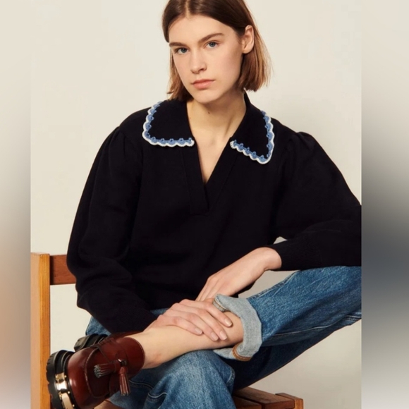 Sandro wool-blend polo style sweater with crochet collar - size 2 (xs/s) - Picture 2 of 9